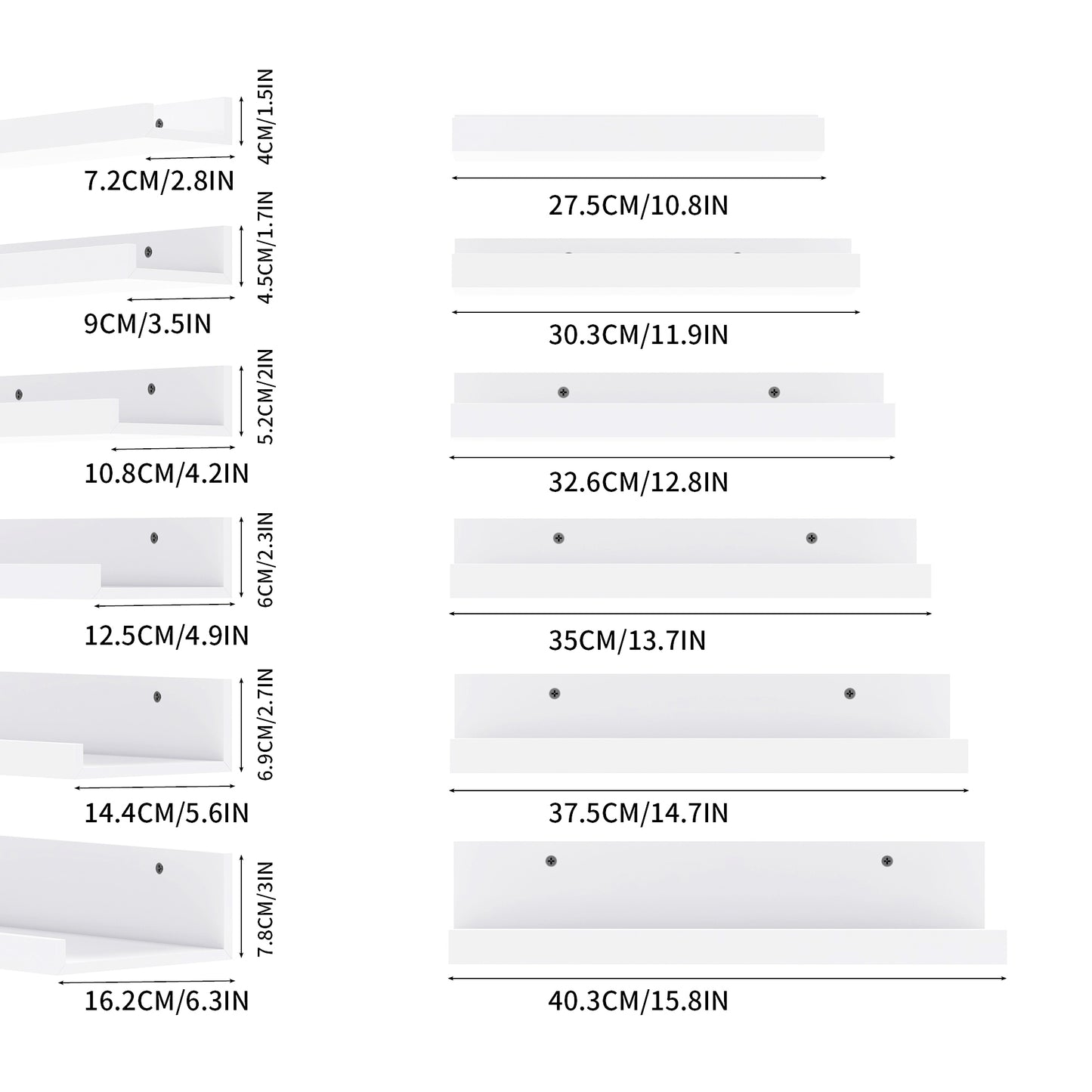 Floating Shelves Wall Mounted Shelves Set of 6, Different Lengths-White