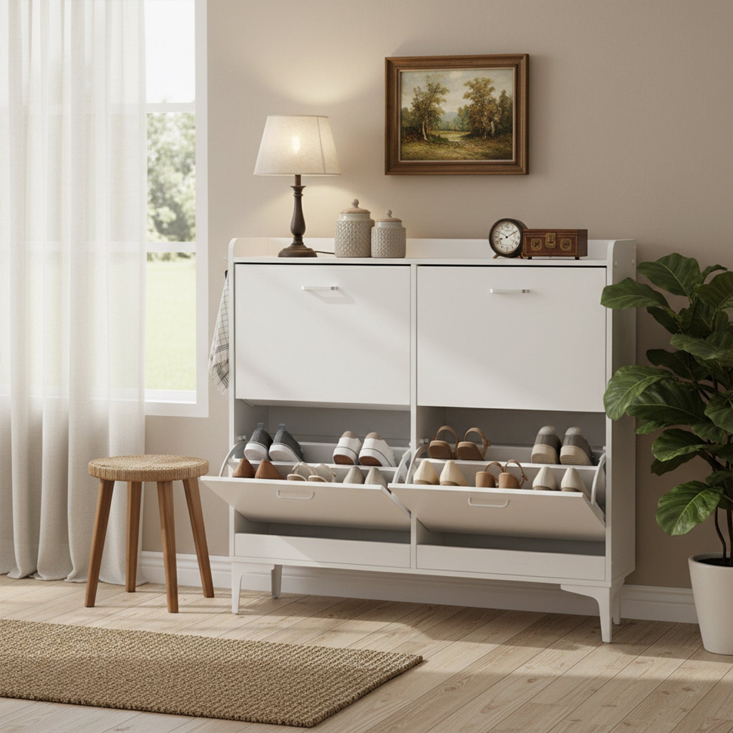 DURHAM Shoe Cabinet 4 Flaps Shoe Rack Shoe 105x23x103 cm - MDF White