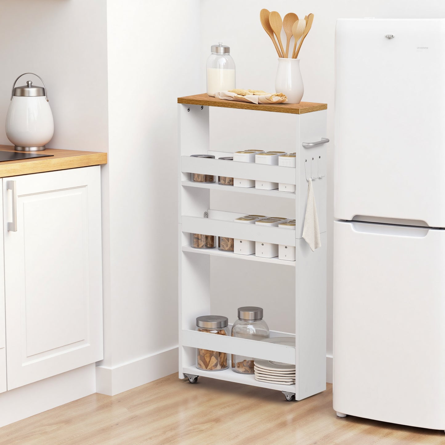 4-Tier Narrow Rolling Storage Cart Slim Design for Kitchen -Fire/White Color -ENTIAT