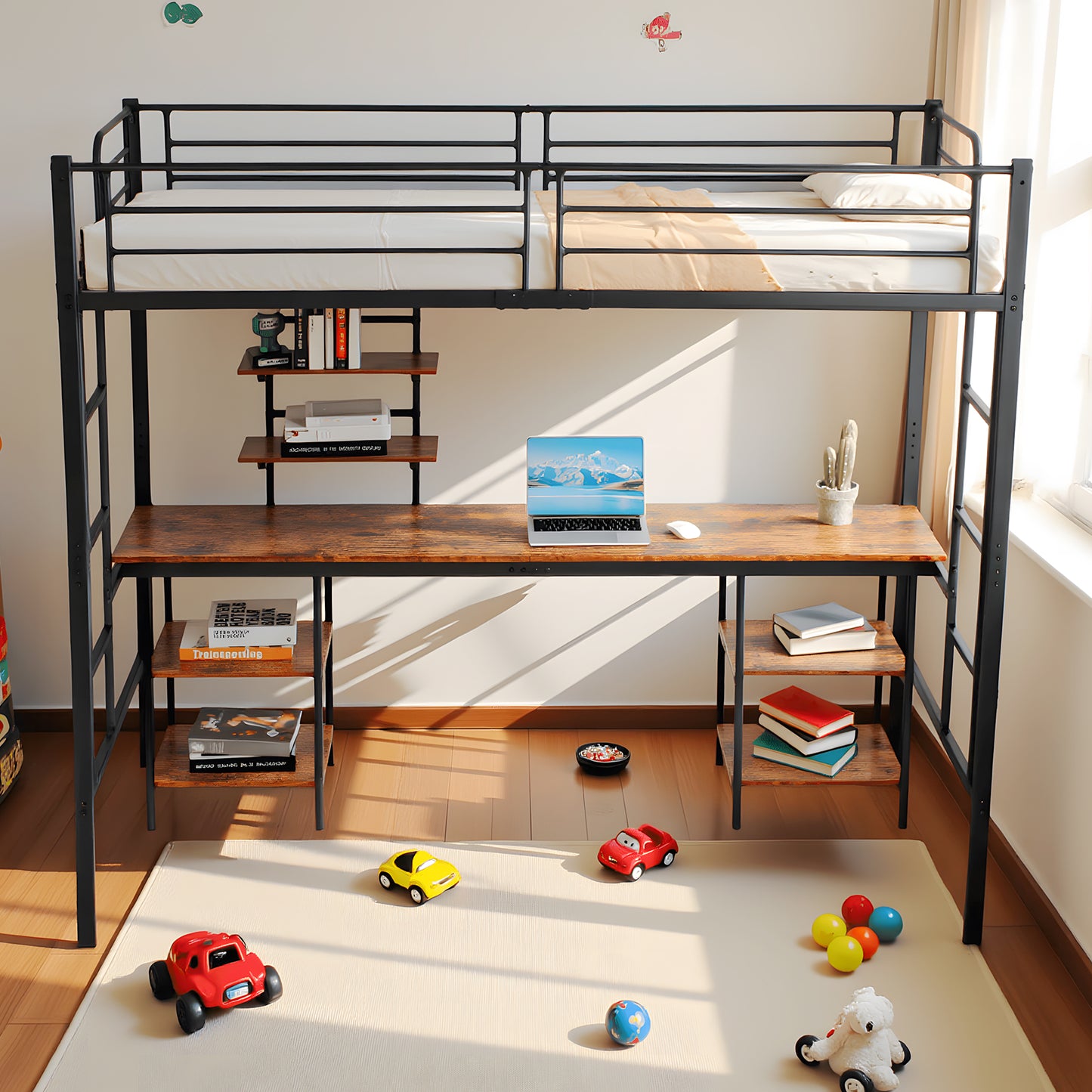 Twin Loft Bed with Desk and Bookcase Black - ESOFEA