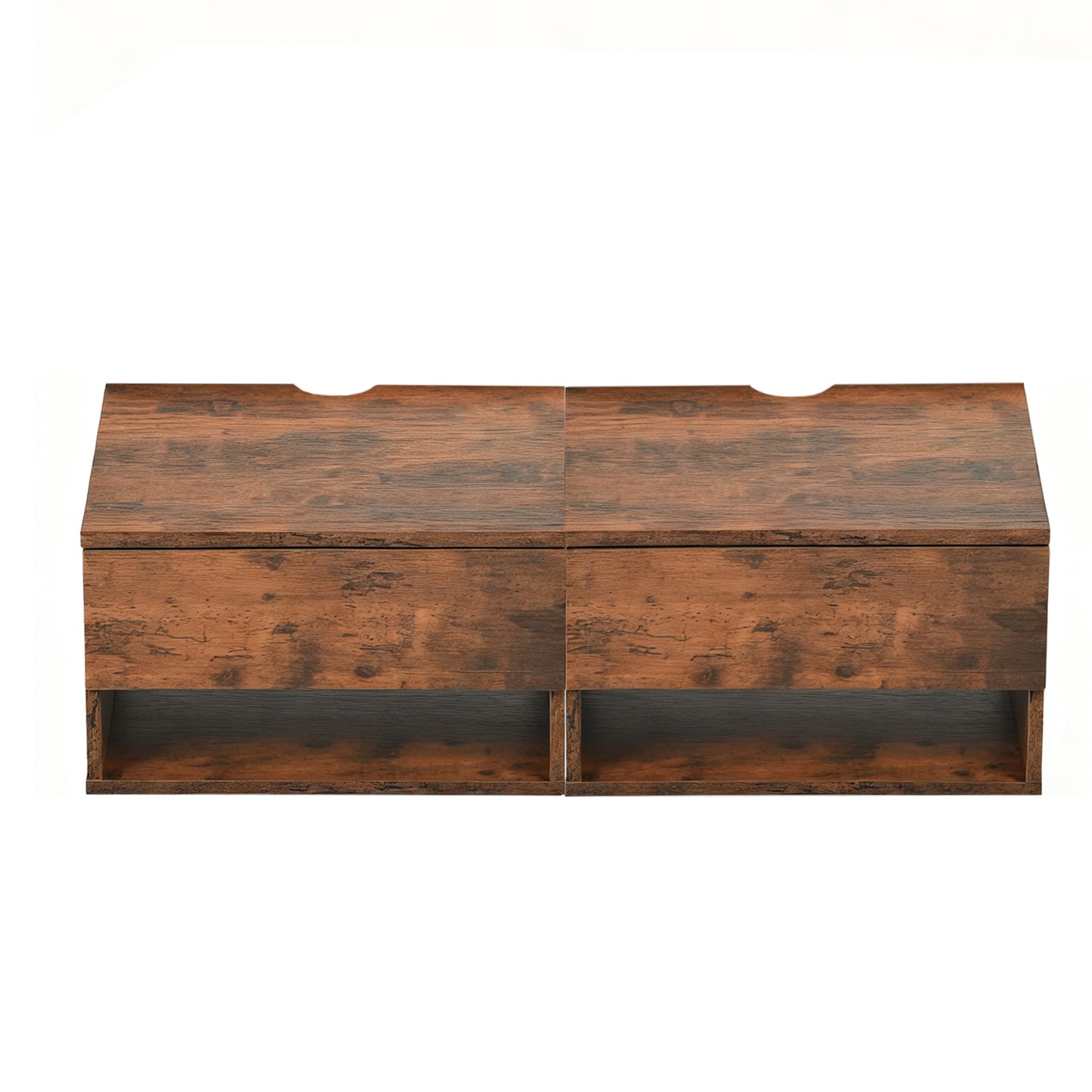 Two-piece wall-mounted bedside table set with drawers and shelves, White and Flame Grain