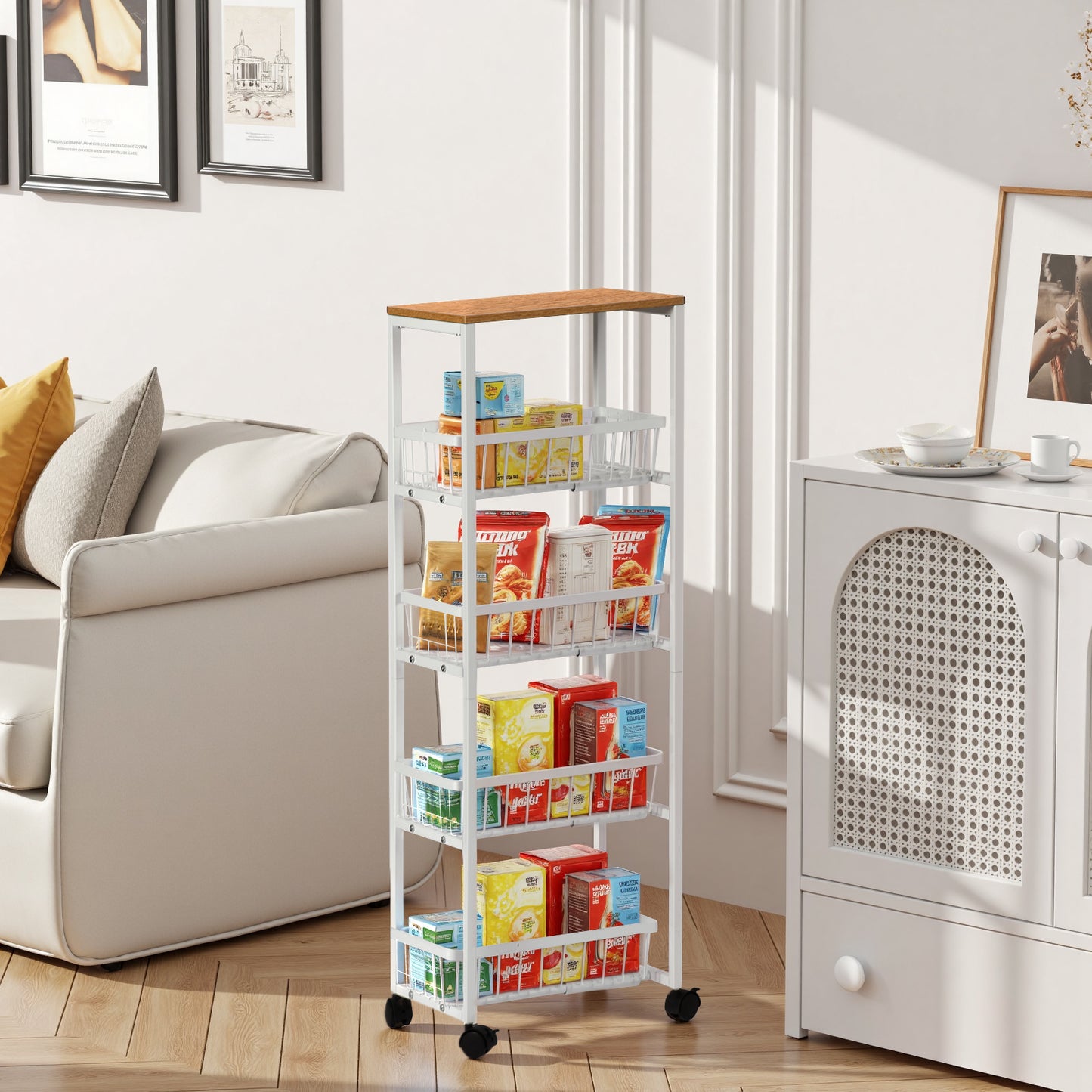 Five-Layer Snack Storage Rack for Trolleys with Push-Pull Baskets Black/White - GANDY