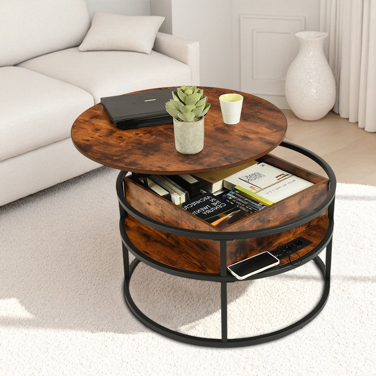 Lift-type Living Room Coffee Table with Hidden Compartment and Power Socket