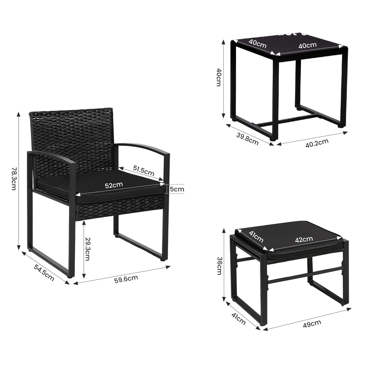 5 Piece Rattan Garden Furniture Set, 2 Armchairs + 2 Footstools + 1 Table-Black