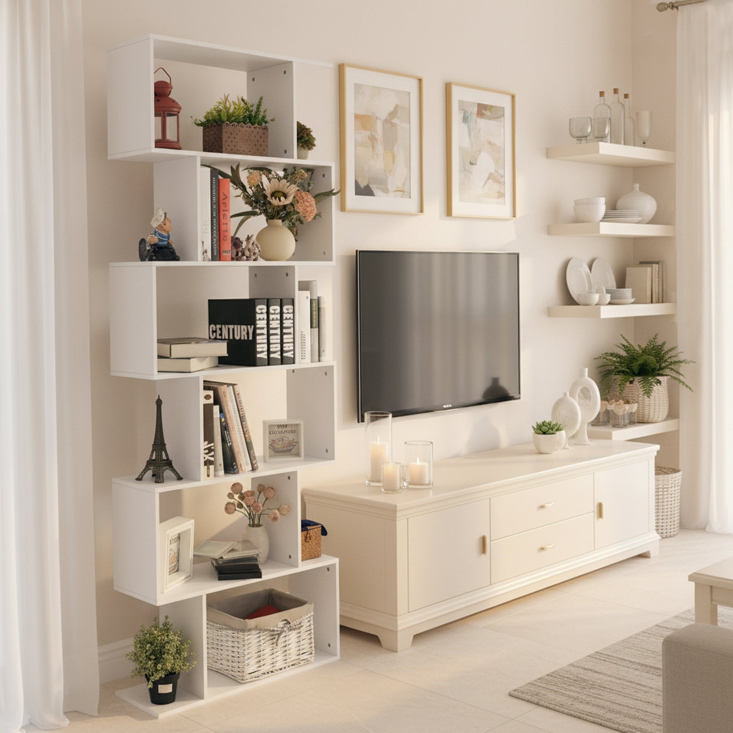 TILDEN Bookcase, Standing Shelf, Office Shelf, Room Divider with 6 Compartments-White