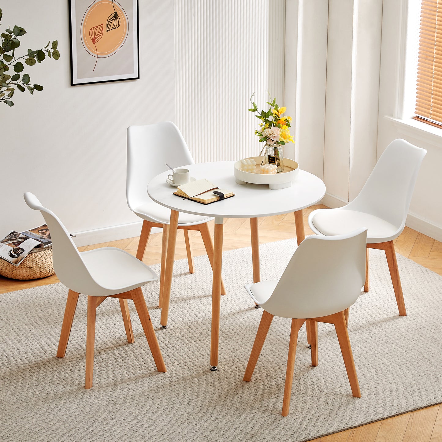 Round Dining Table 80cm with 4 Legs - White-NEMAH