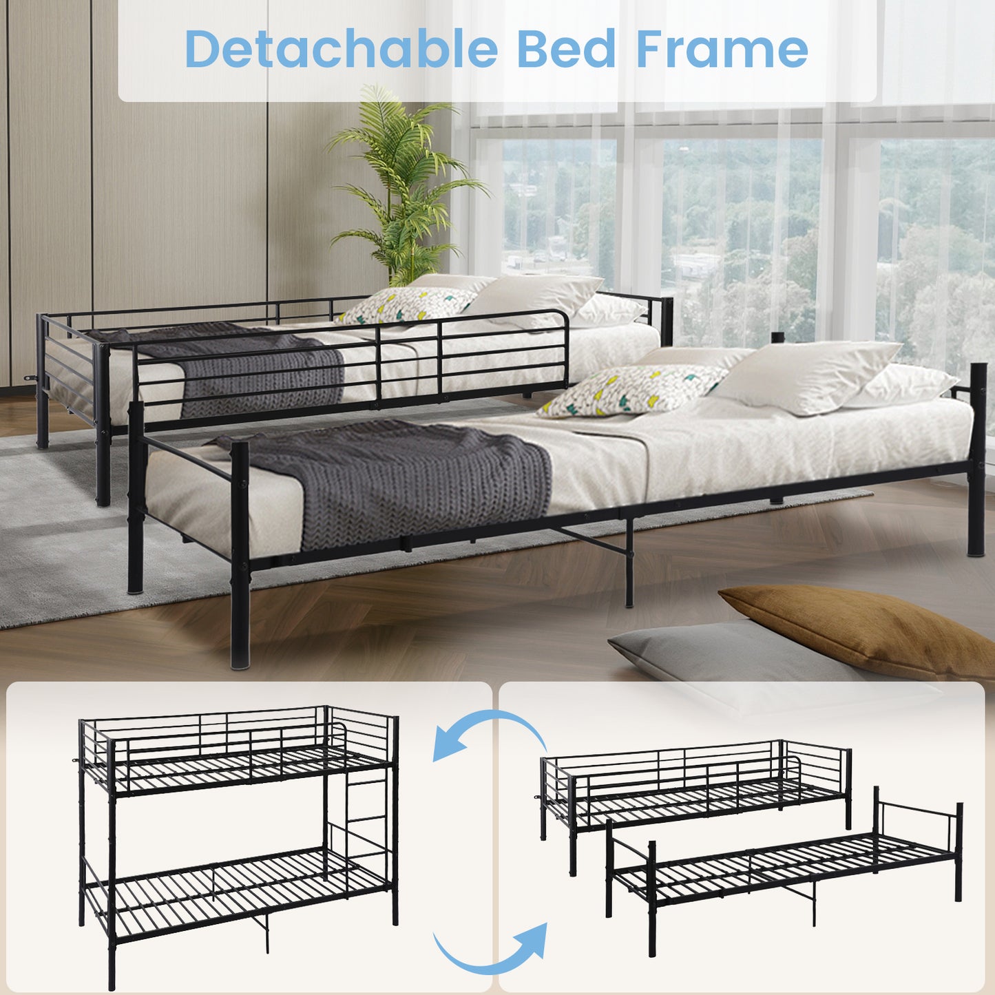 The bunk bed can also be disassembled into two single beds