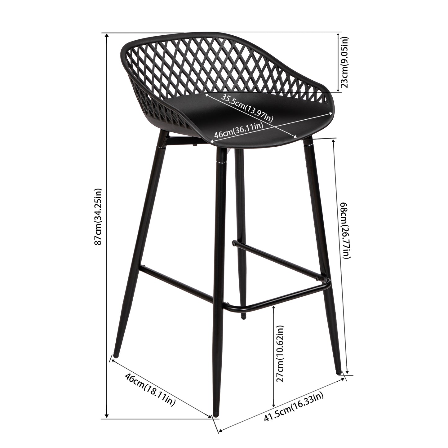 Modern Wrought Iron Bar Stools, 87cm high, with openwork backrests, set of 4 - Black/White