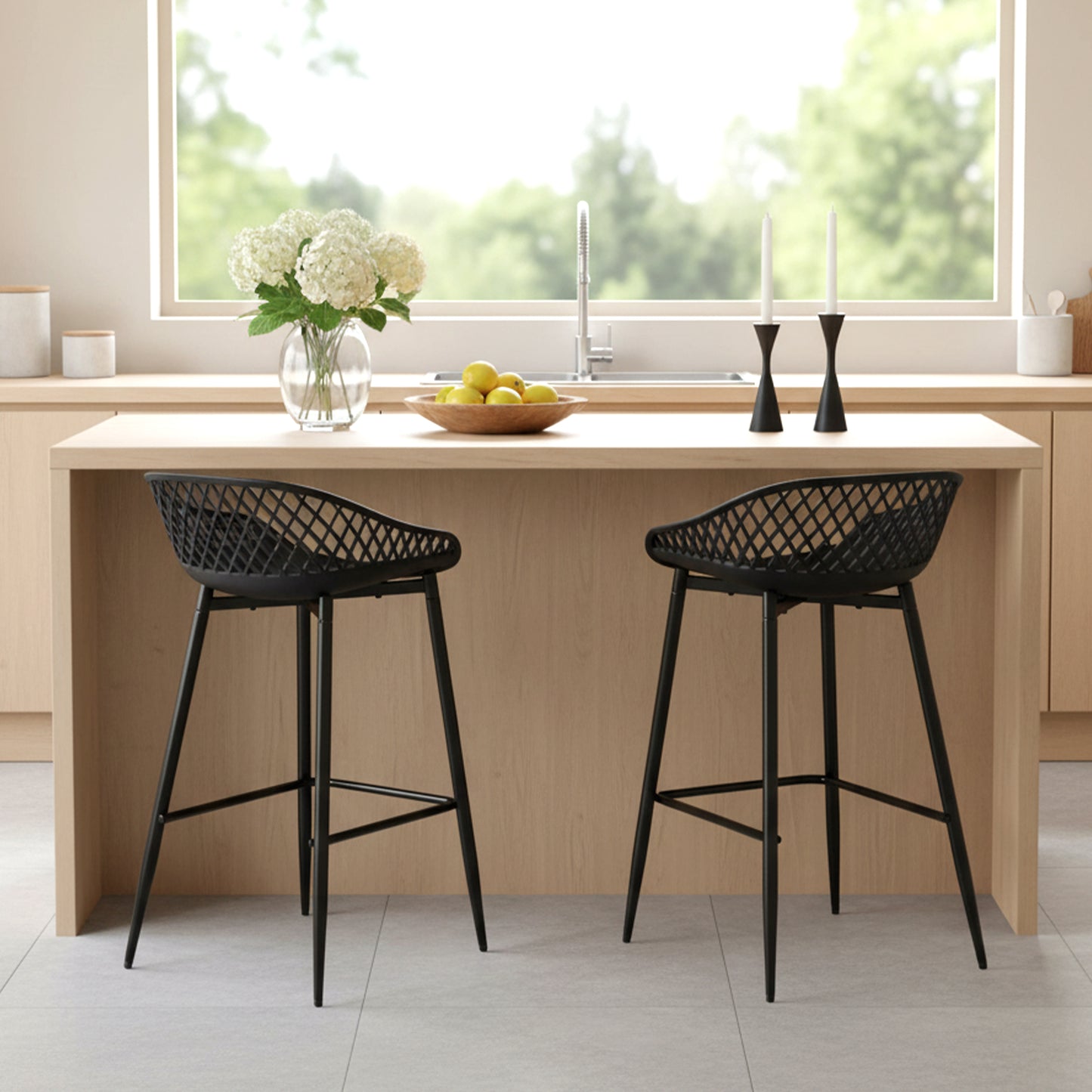 Modern Wrought Iron Bar Stools, 87cm high, with openwork backrests, set of 4 - Black/White