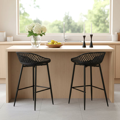 Modern Wrought Iron Bar Stools, 87cm high, with openwork backrests, set of 4 - Black/White