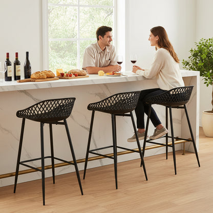 Modern Wrought Iron Bar Stools, 87cm high, with openwork backrests, set of 4 - Black/White