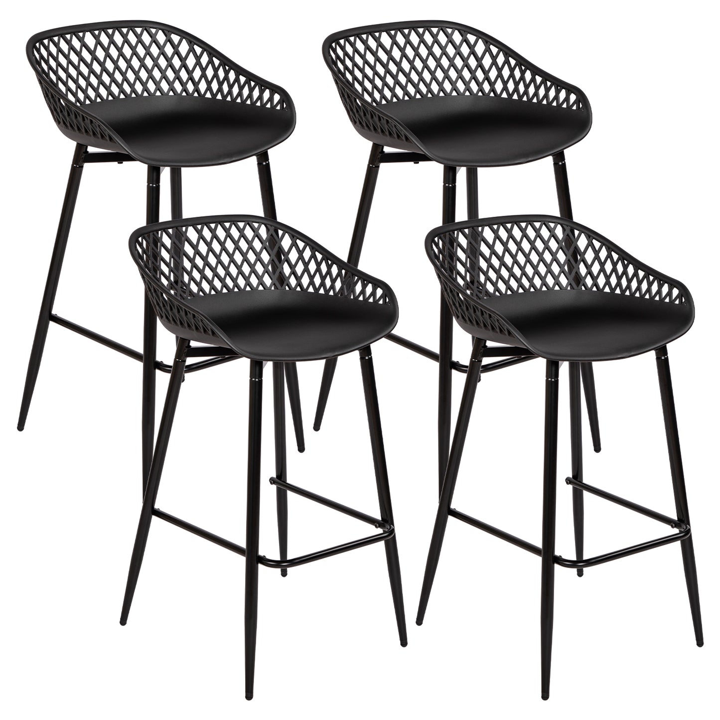 Modern Wrought Iron Bar Stools, 87cm high, with openwork backrests, set of 4 - Black/White