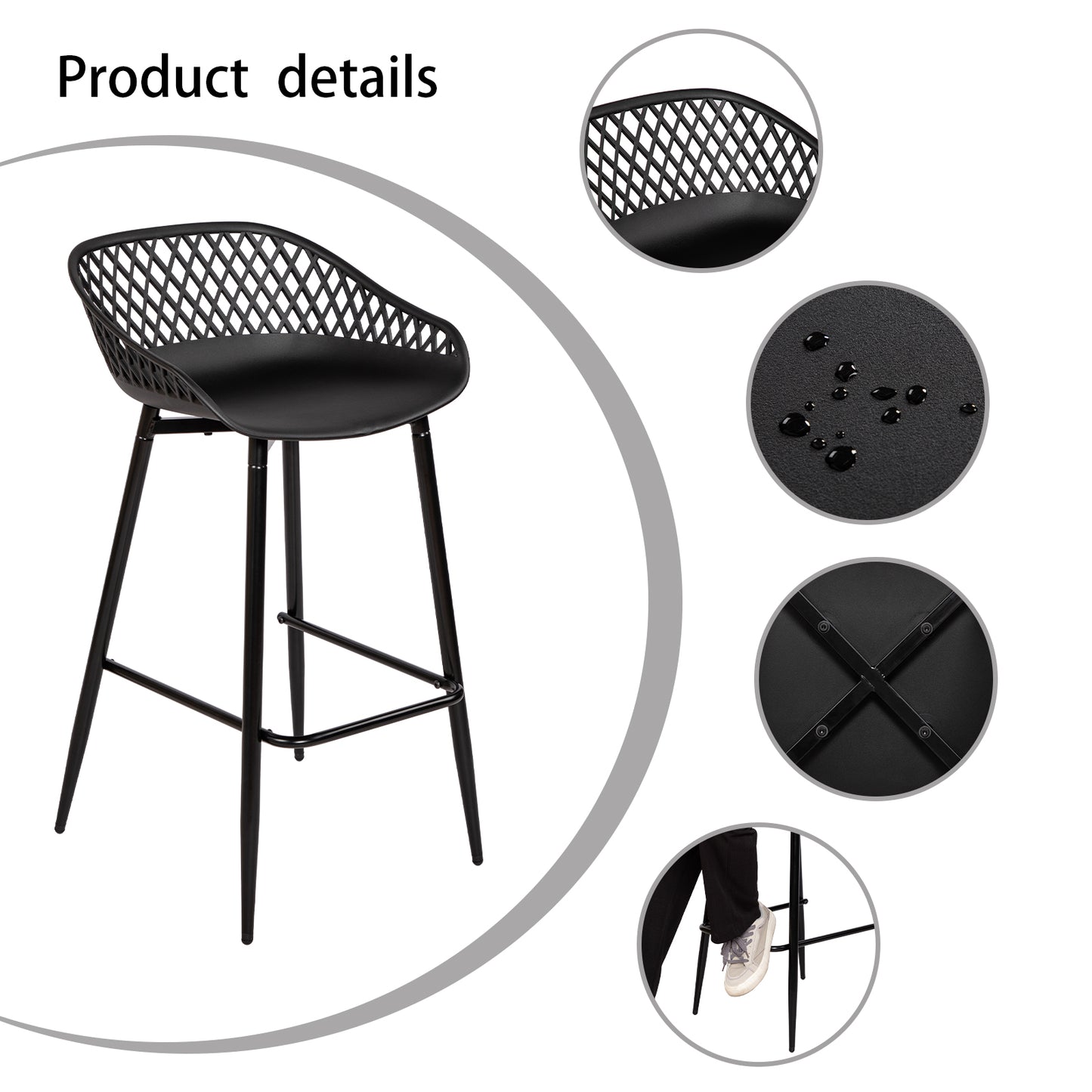 Modern Wrought Iron Bar Stools, 87cm high, with openwork backrests, set of 4 - Black/White