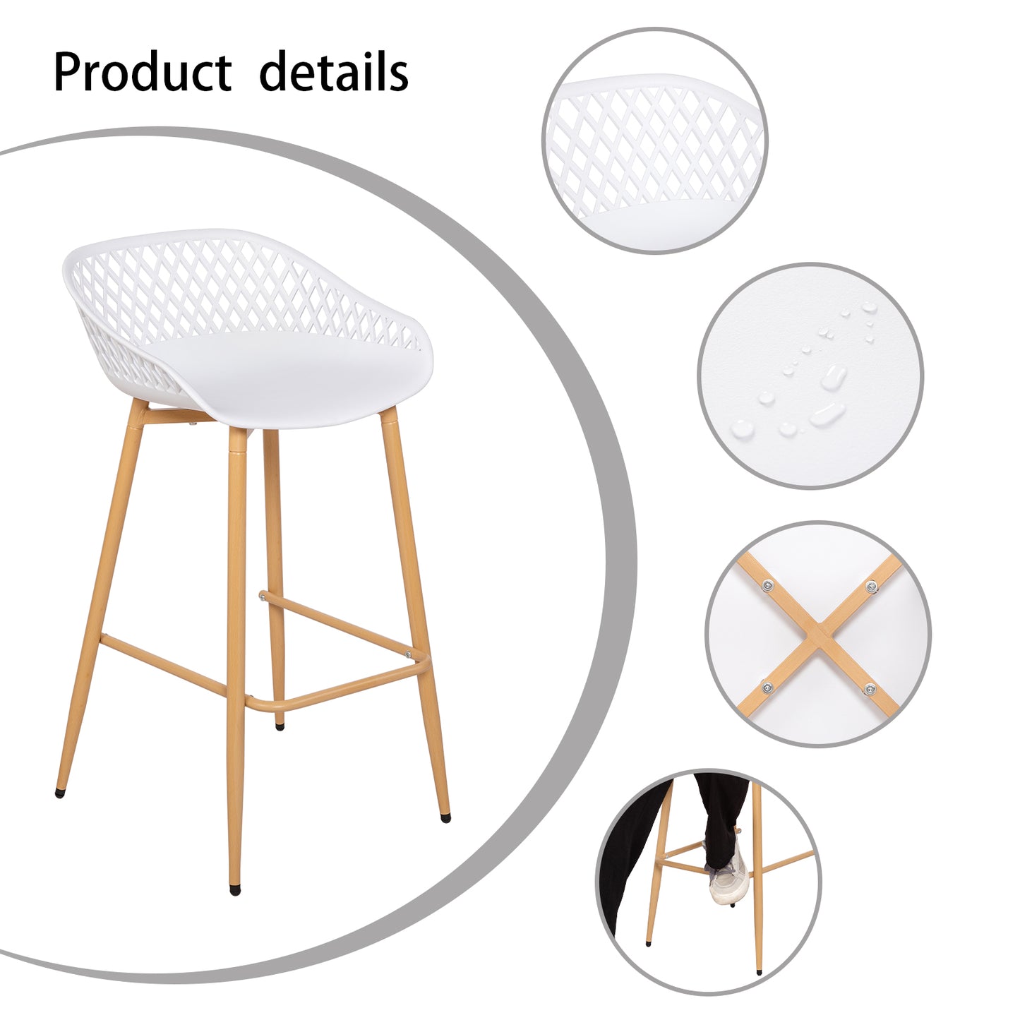 Modern Wrought Iron Bar Stools, 87cm high, with openwork backrests, set of 4 - Black/White