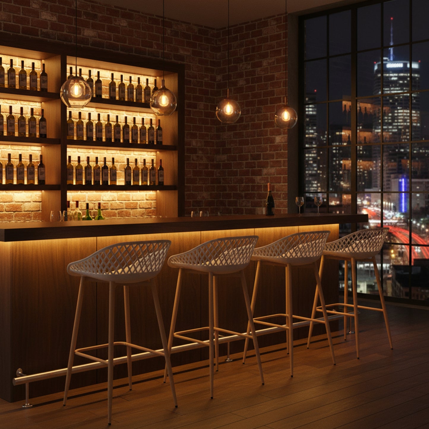 Modern Wrought Iron Bar Stools, 87cm high, with openwork backrests, set of 4 - Black/White