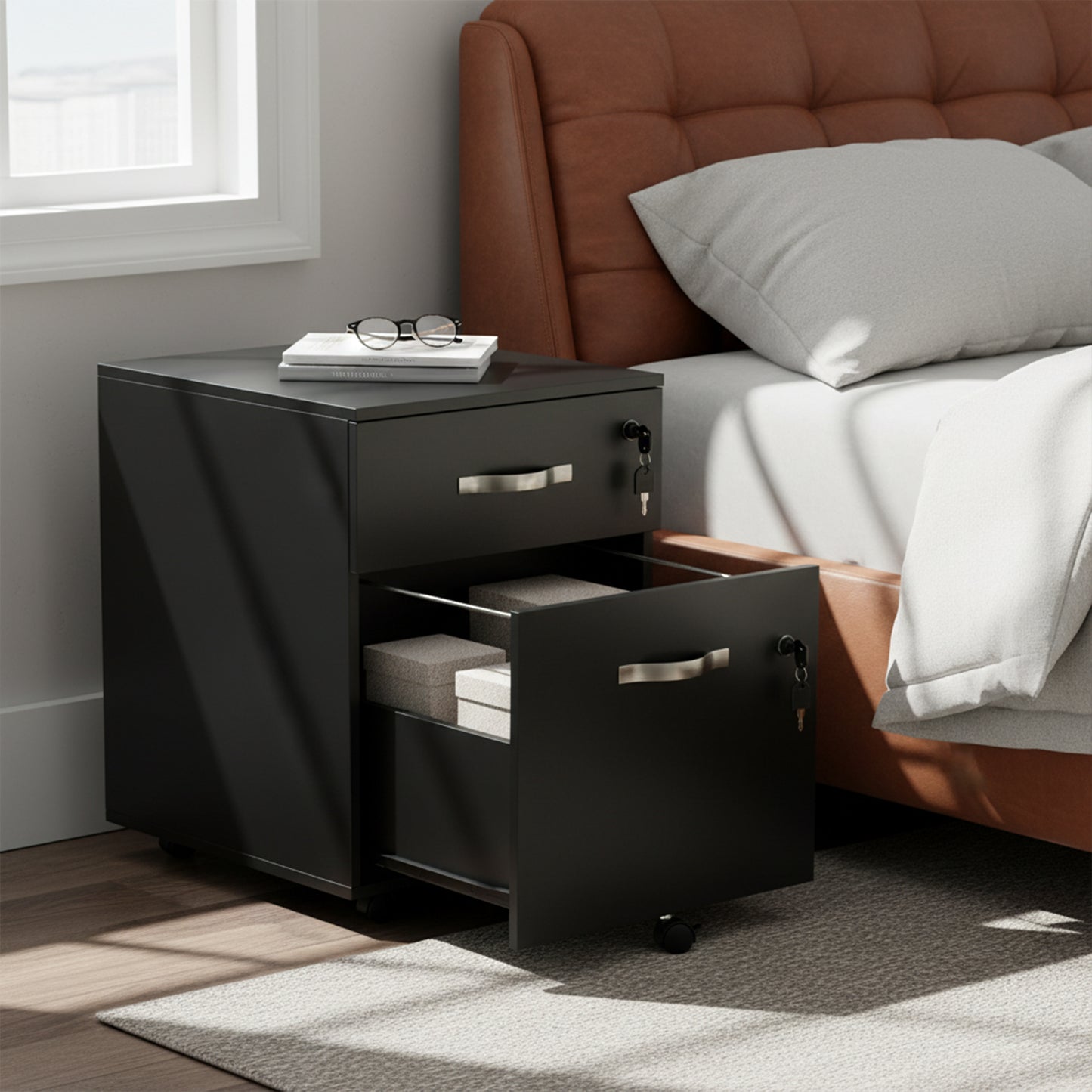 BECKER Roll Container, Mobile Base File Cabinet with 2 Drawers Lockable