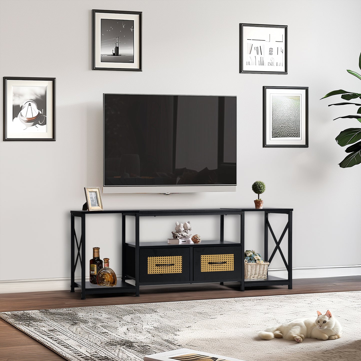 TV Stands Cabinets Set of 1 with Iron Legs-Black-BOAZ