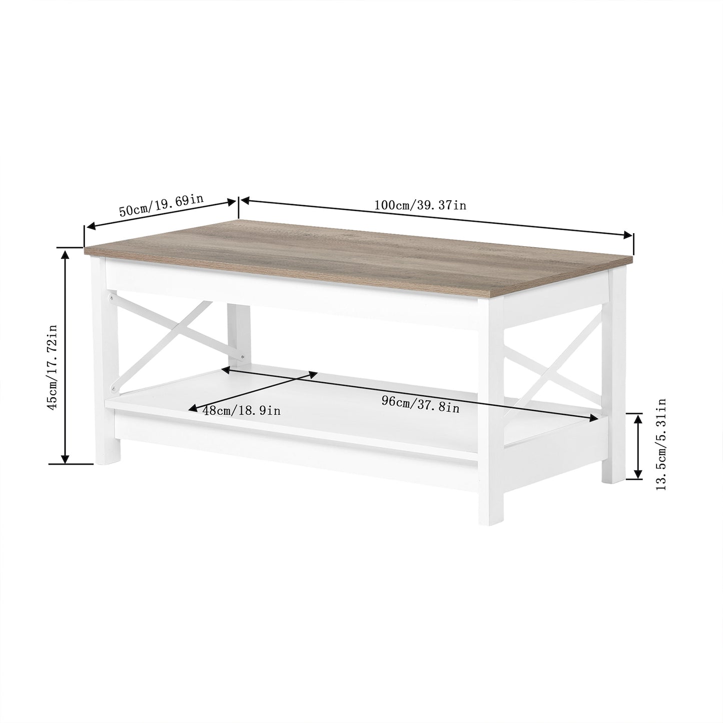2-Tier Country-Style Coffee Table with Storage，Living Room Table – White