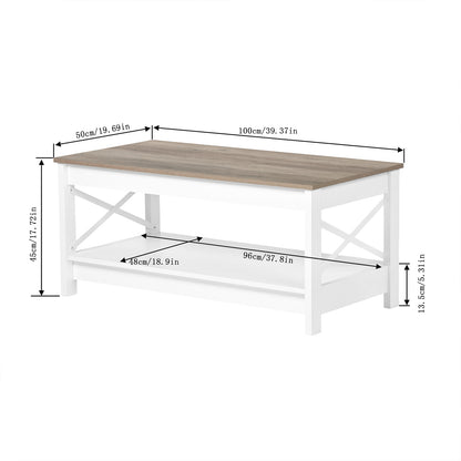 2-Tier Country-Style Coffee Table with Storage，Living Room Table – White