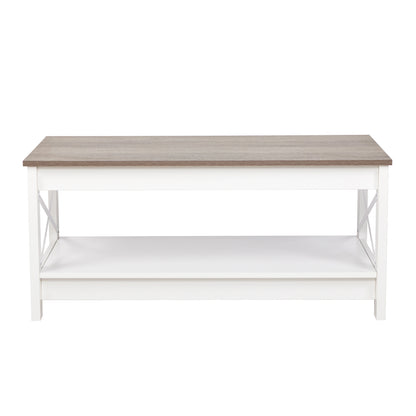 2-Tier Country-Style Coffee Table with Storage，Living Room Table – White