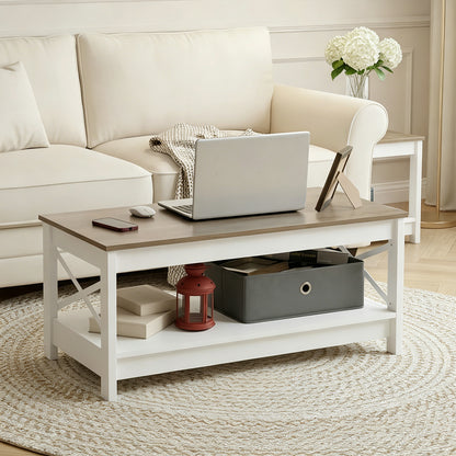 2-Tier Country-Style Coffee Table with Storage，Living Room Table – White