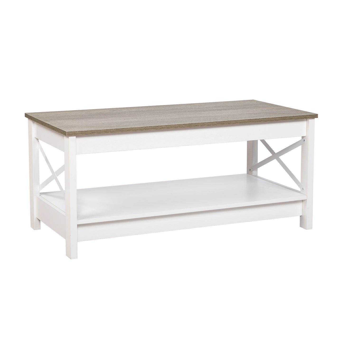 2-Tier Country-Style Coffee Table with Storage，Living Room Table – White