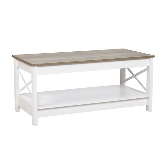 2-Tier Country-Style Coffee Table with Storage，Living Room Table – White