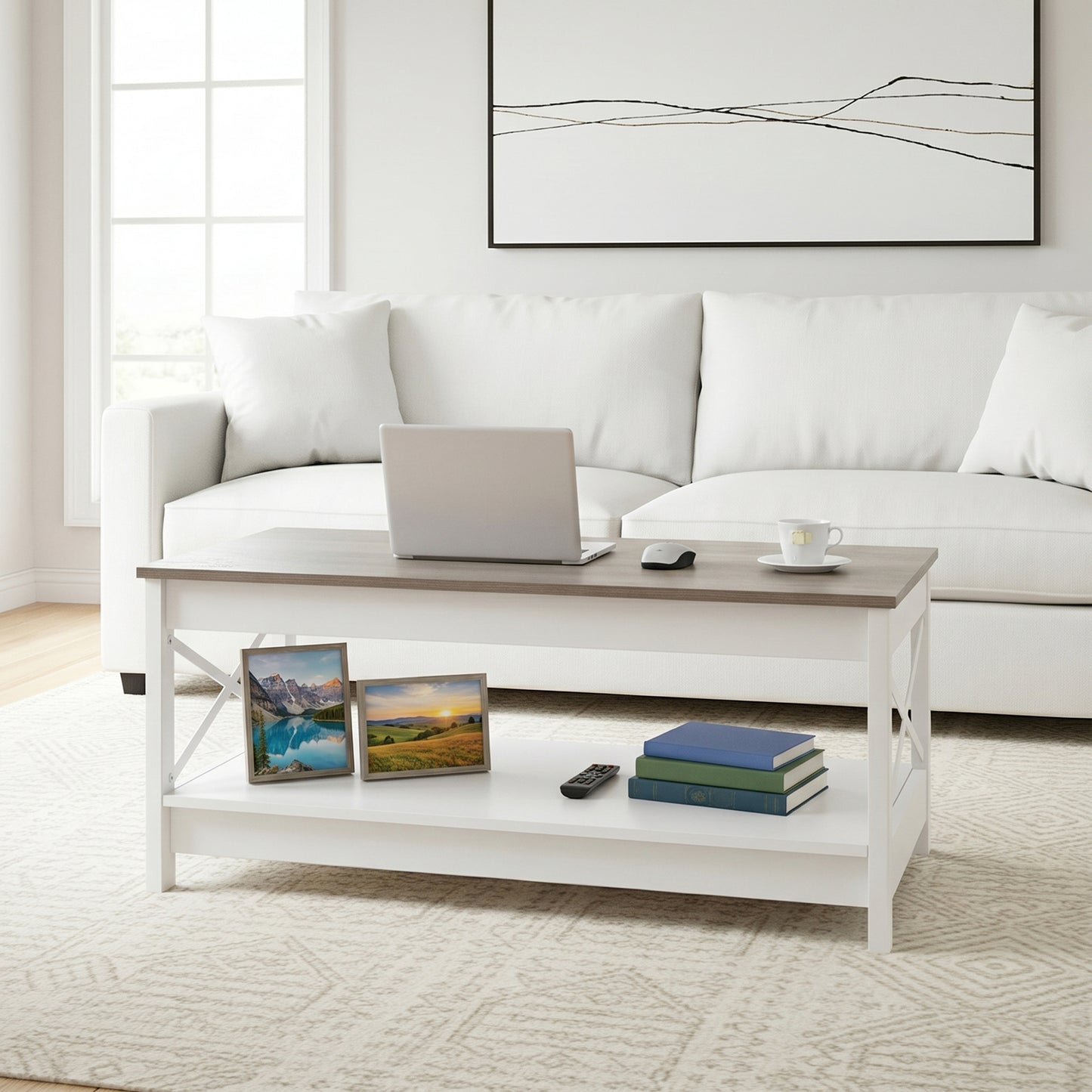 2-Tier Country-Style Coffee Table with Storage，Living Room Table – White
