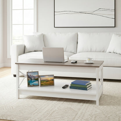 2-Tier Country-Style Coffee Table with Storage，Living Room Table – White