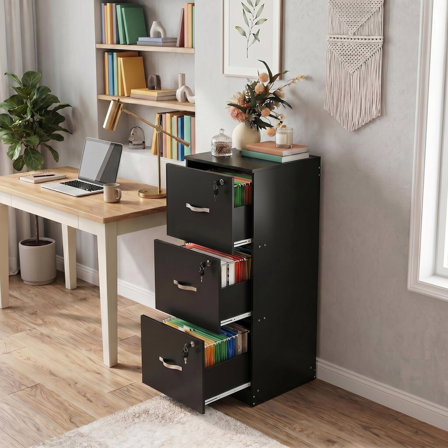 Filing Cabinet with 3 Lockable Drawers-White/Black/Vintage Brown