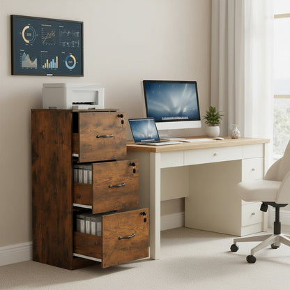 Filing Cabinet with 3 Lockable Drawers-White/Black/Vintage Brown