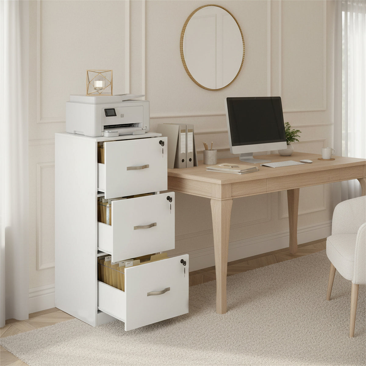 Filing Cabinet with 3 Lockable Drawers-White/Black/Vintage Brown