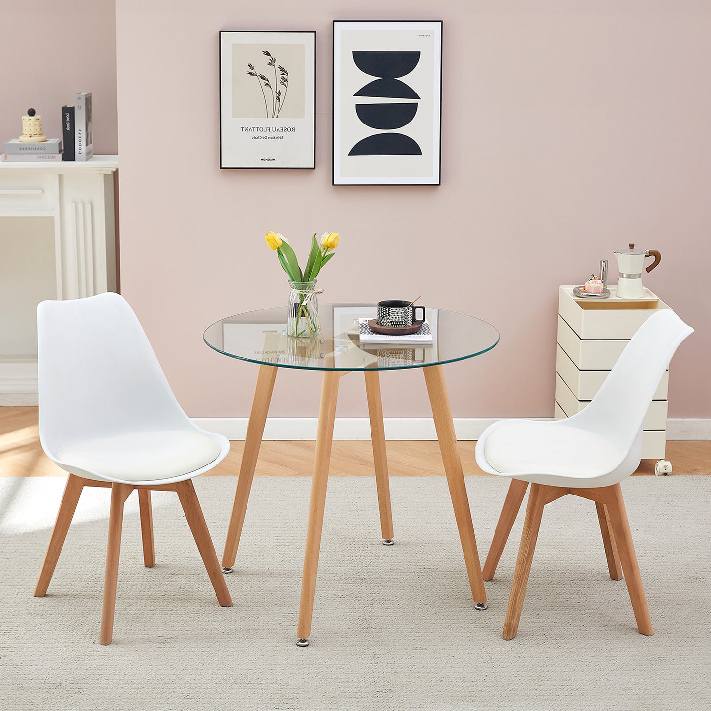 Glass Round Dining Room Tables 80cm With Beech Legs - COVE