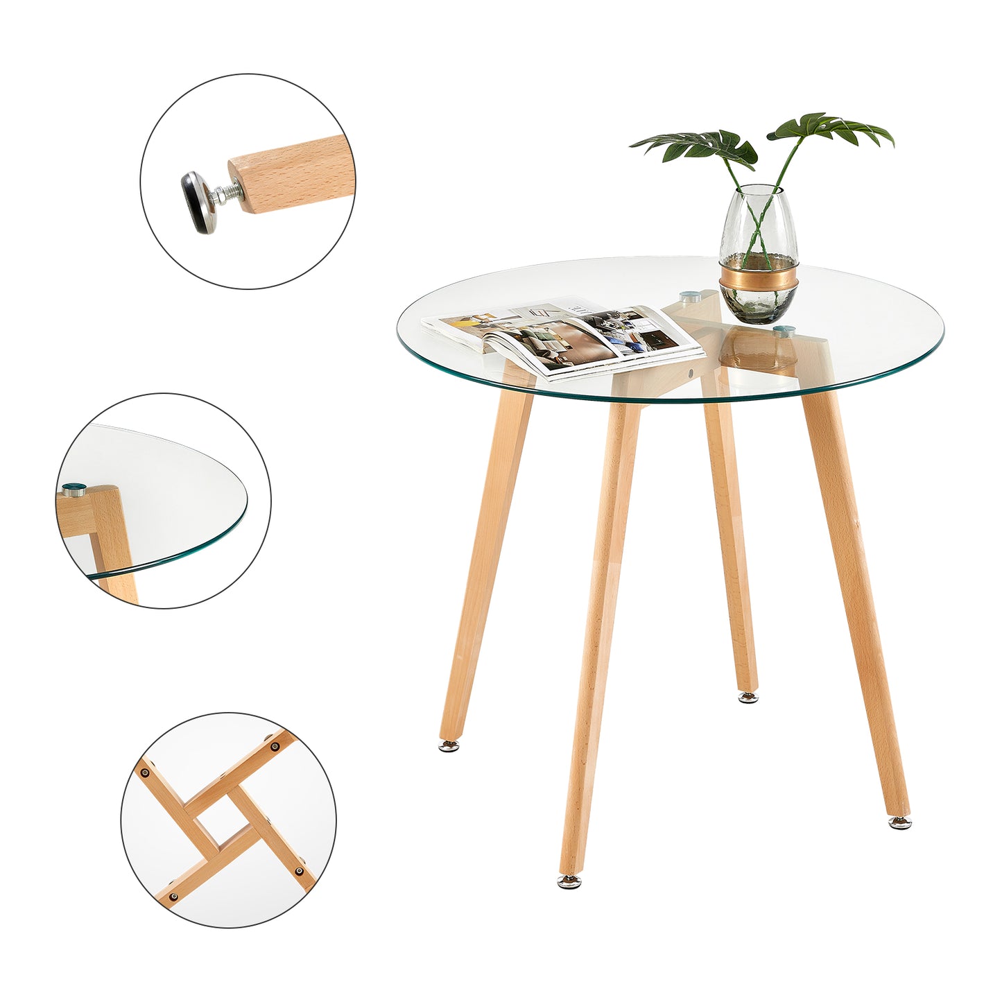 Glass Round Dining Room Tables 80cm With Beech Legs - COVE