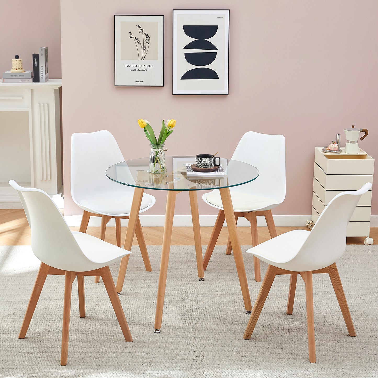 Glass Round Dining Room Tables 80cm With Beech Legs - COVE