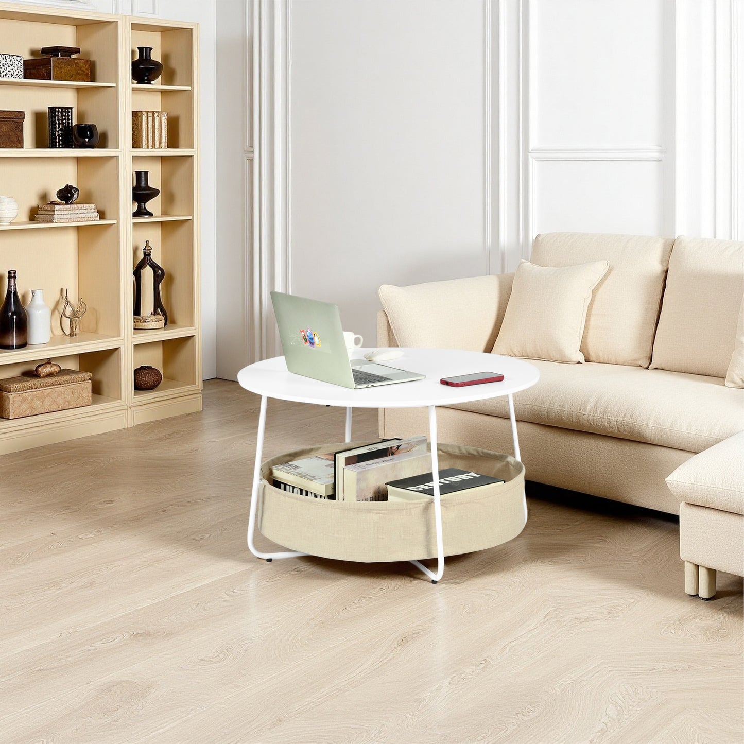 DOYLE Modern Round Coffee Table with Storage Basket-White