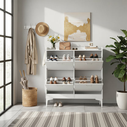 DURHAM Shoe Cabinet 4 Flaps Shoe Rack Shoe 105x23x103 cm - MDF White