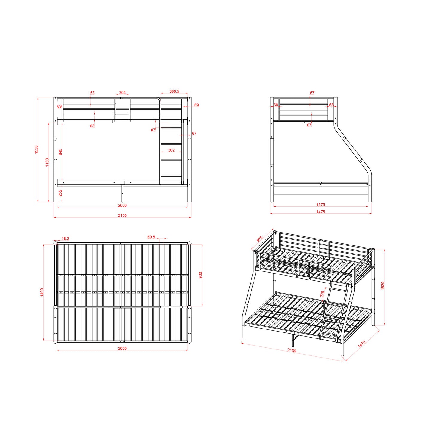 EGGREE Twin Over Full Bunk Bed Frame -White-ELMA