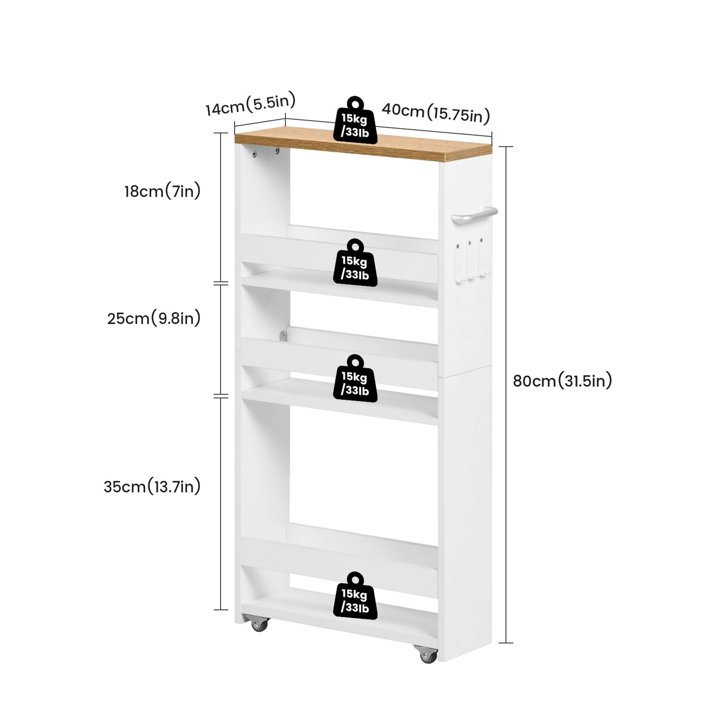 4-Tier Narrow Rolling Storage Cart Slim Design for Kitchen -Fire/White Color -ENTIAT