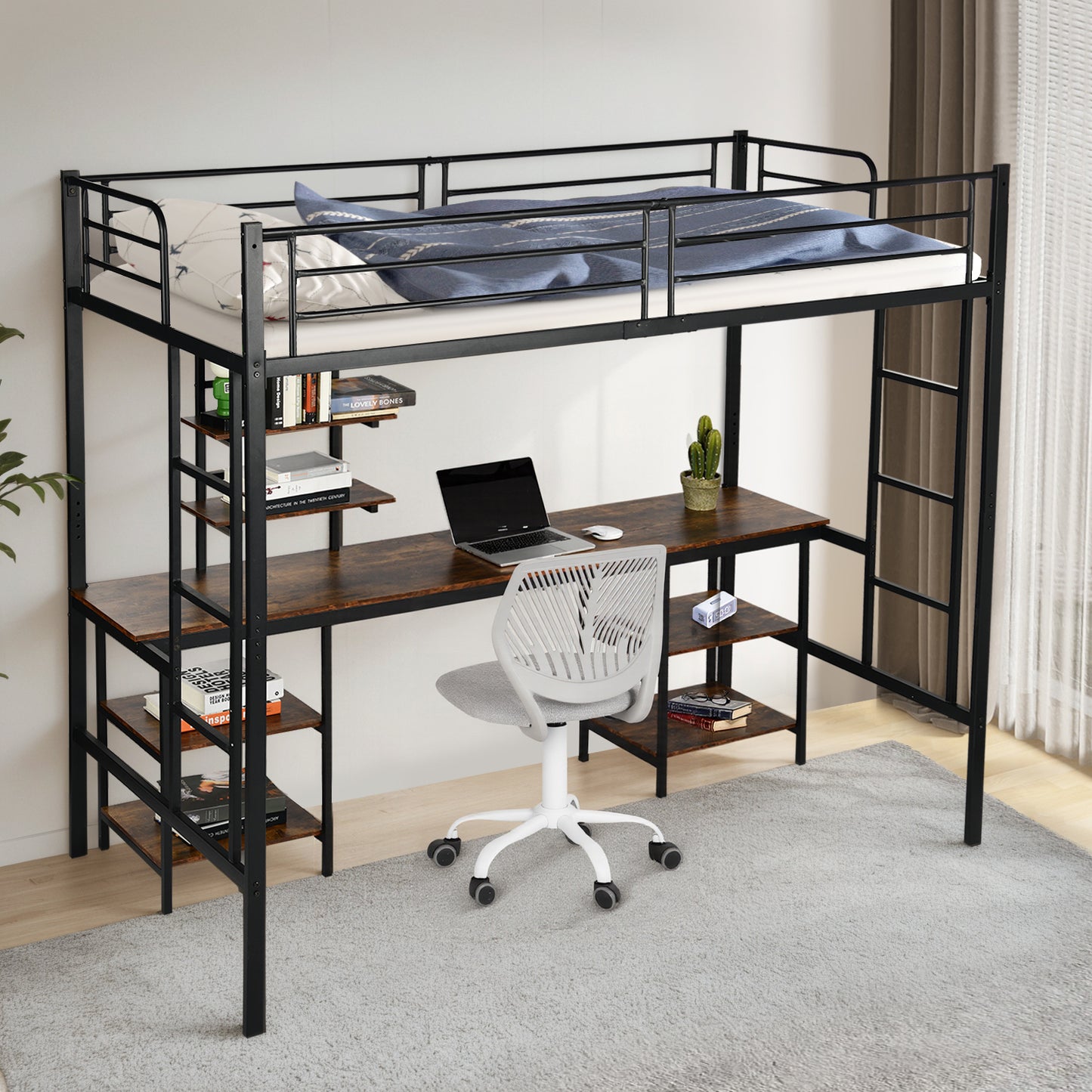 Twin Loft Bed with Desk and Bookcase Black - ESOFEA