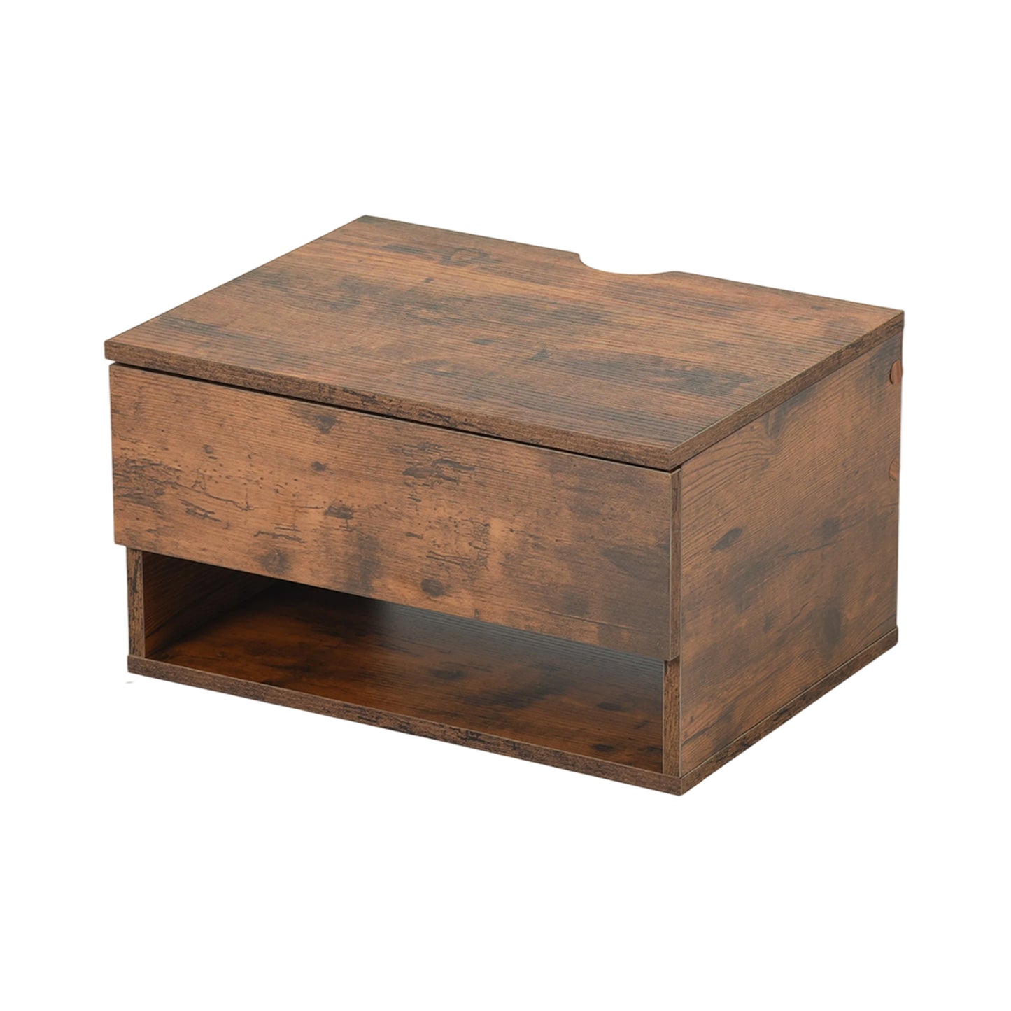 Two-piece wall-mounted bedside table set with drawers and shelves, White and Flame Grain