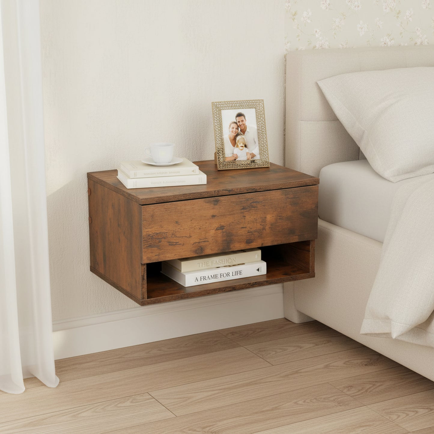 Two-piece wall-mounted bedside table set with drawers and shelves, White and Flame Grain