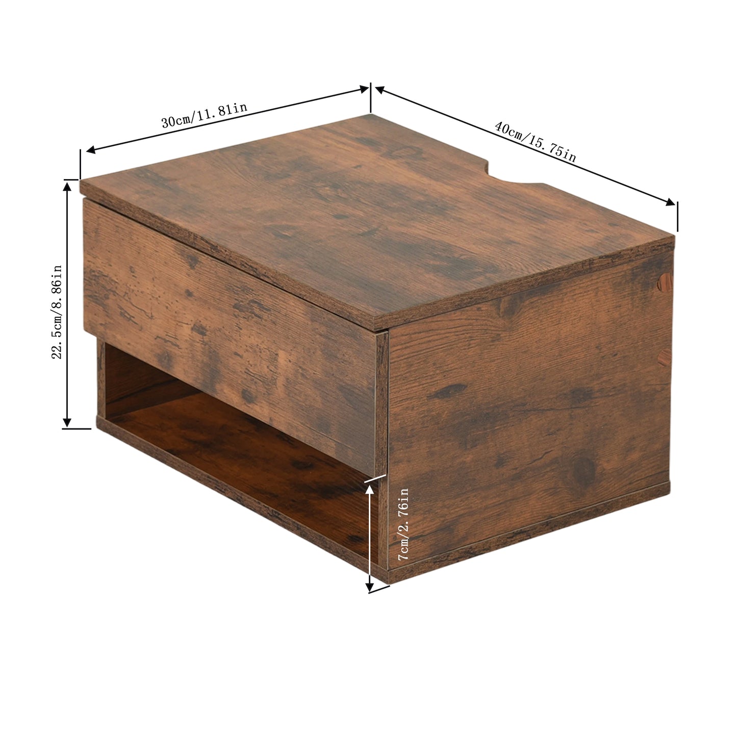 Two-piece wall-mounted bedside table set with drawers and shelves, White and Flame Grain