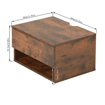 Two-piece wall-mounted bedside table set with drawers and shelves, White and Flame Grain