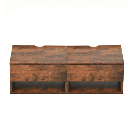 Two-piece wall-mounted bedside table set with drawers and shelves, White and Flame Grain