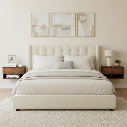 Two-piece wall-mounted bedside table set with drawers and shelves, White and Flame Grain