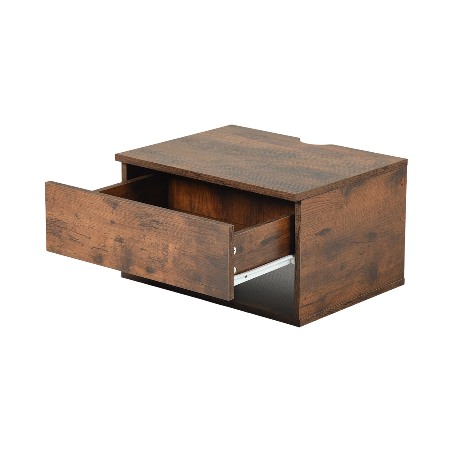 Two-piece wall-mounted bedside table set with drawers and shelves, White and Flame Grain