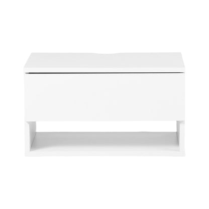 Two-piece wall-mounted bedside table set with drawers and shelves, White and Flame Grain