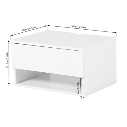 Two-piece wall-mounted bedside table set with drawers and shelves, White and Flame Grain