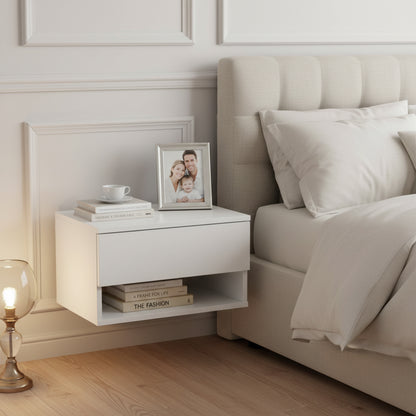 Two-piece wall-mounted bedside table set with drawers and shelves, White and Flame Grain